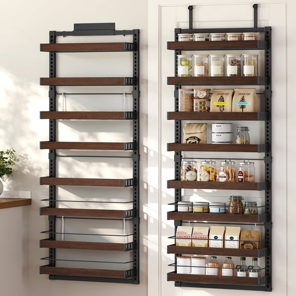 SONGMICS Pantry Door Organizer, 8-Tier Adjustable Rack, Wall Mount Storage, 16.9 x 6.2 x 71.7 Inch, Ink Black and Natural Walnut, BYSTRO Collection