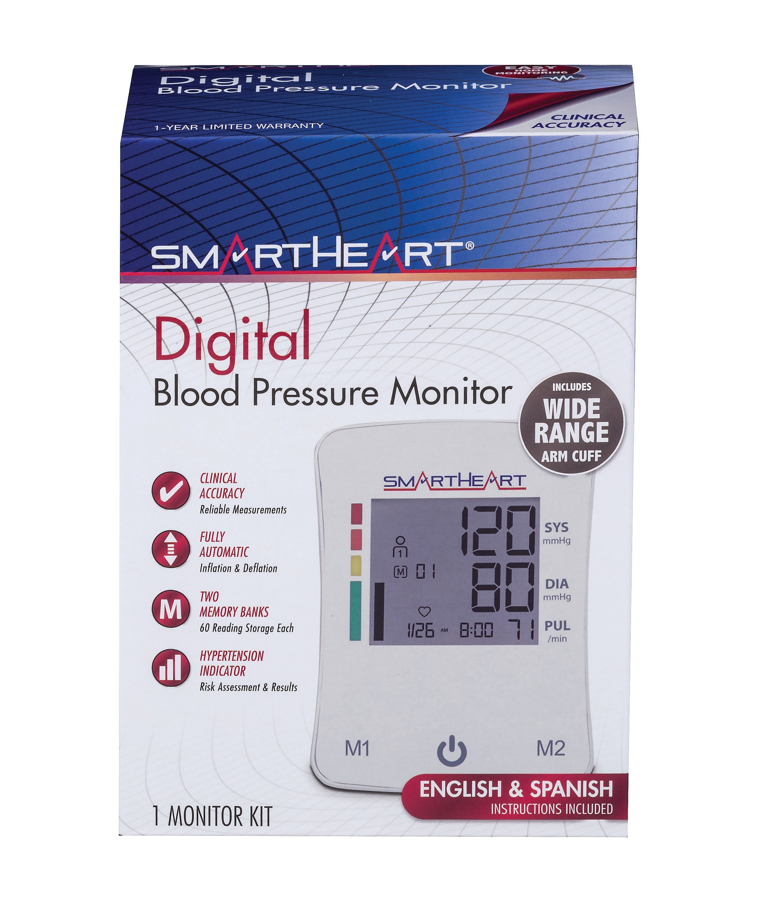 SmartHeart Automatic Digital Blood Pressure Arm Monitor | Wide-Range Upper Arm Cuff | 2-Person Memory