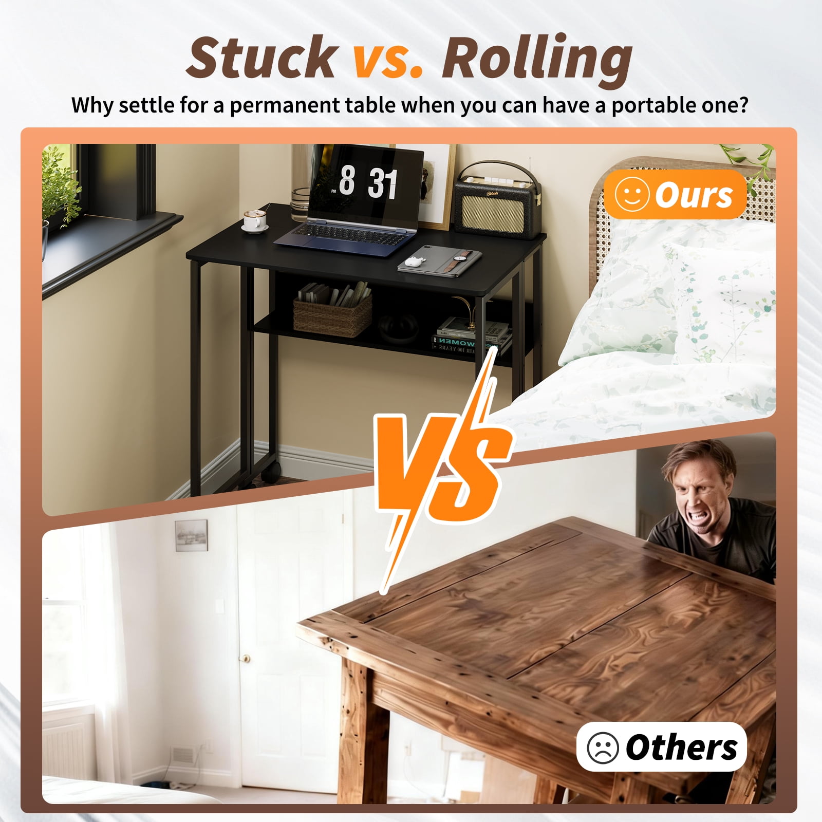 Folding Desk Small Rolling Desk with Storage Shelf,24.8 inch Foldable Computer Desk with Wheels, for Small Spaces, Home Office, Study, Easy Assembly