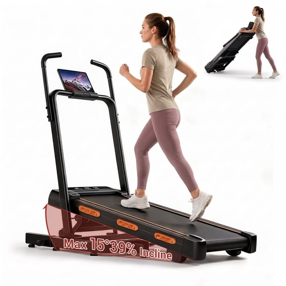 CURSOR FITNESS Folding Treadmill with 39% Incline & Elevated Dual Handrails,5 Incline,3.0HP,0.6-6.2MPH,350 lbs Capacity,LED Display & Remote Control