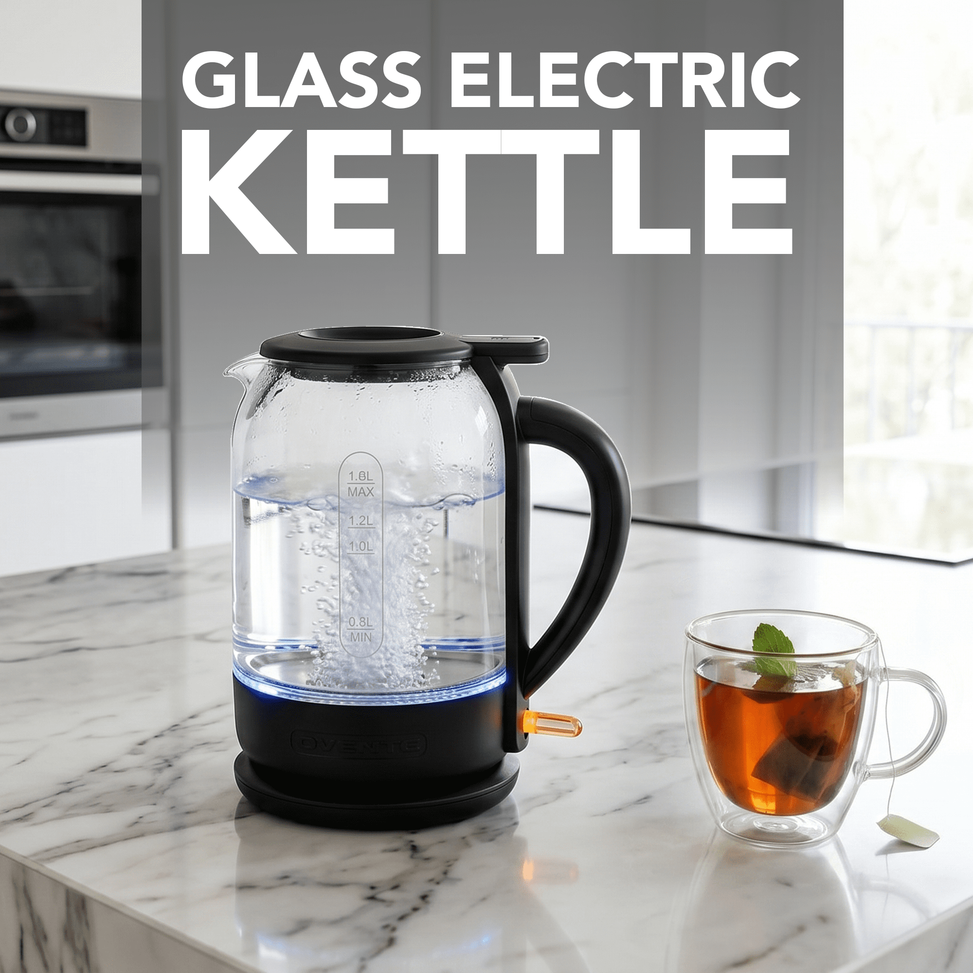 OVENTE Electric Kettle with 1.5L Borosilicate Glass, 1500W Fast Boiling Water Heater for Coffee or Tea, Easy to Fill Lid, Auto Shut-Off, Boil-Dry Protection & Stainless Steel Filter, Black KG516B