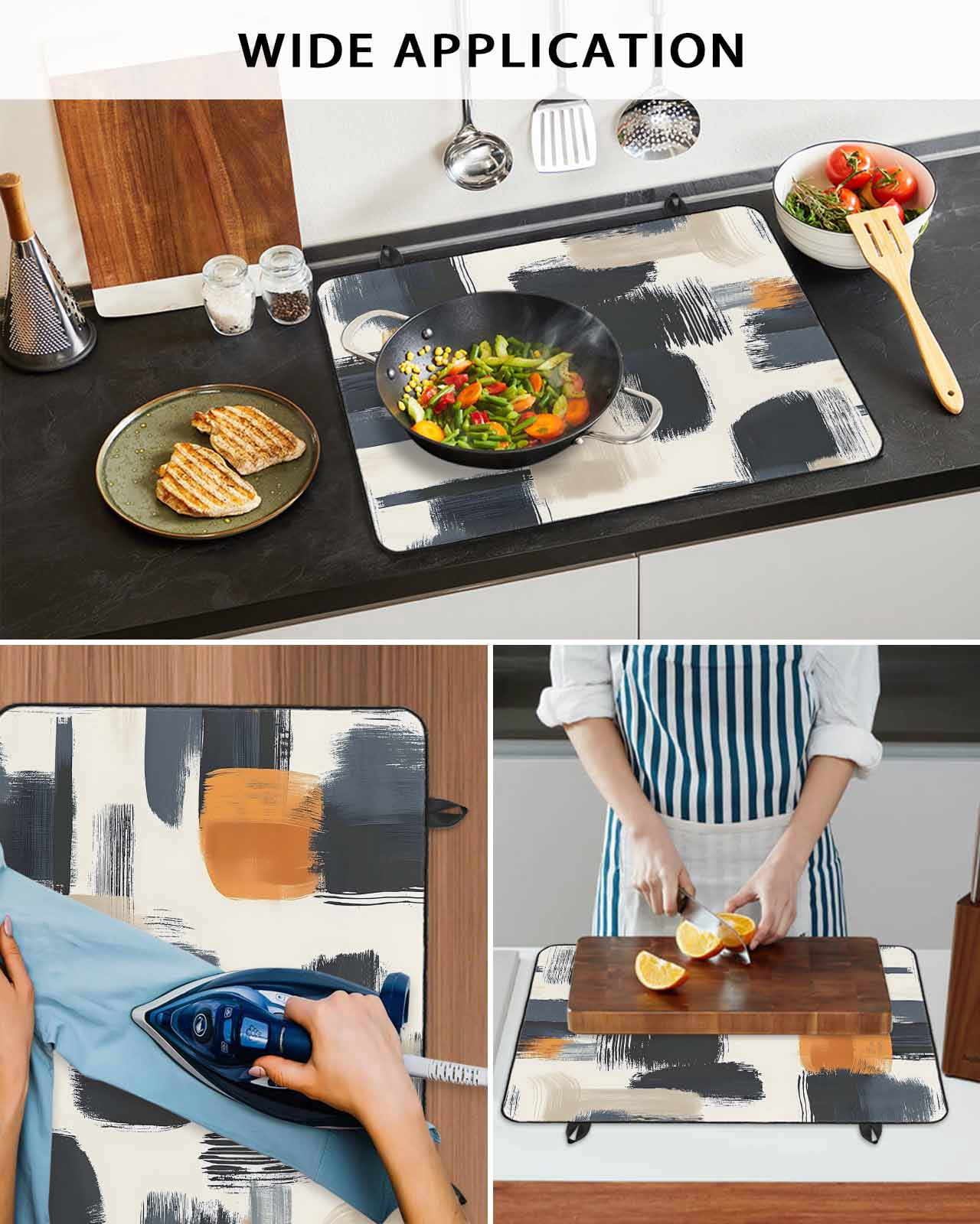 nqOlkjepod Large Induction Cooktop Protector Mat 24"x21", Black Khaki Stove Top Covers for Electric Stove, Geometric Simple Middle Century Art Stove Burner Cover Mats, Glass Top Stove Cover
