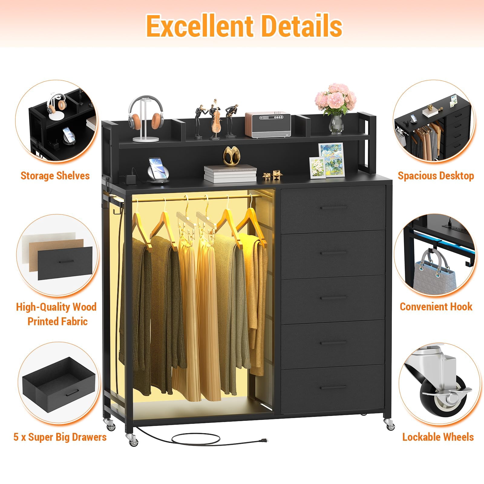 Aheaplus Dresser for Bedroom with Clothes Rack & Shelves, 5 Drawers Dresser with Charging Station & LED Lights, Chest of Drawers with Lockable Wheels, Storage Shelves, Bedroom, Entryway,Black