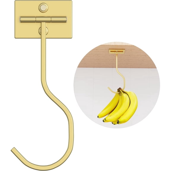 Ounalong Self Adhesive Under Cabinet Gold Folding Banana Hanger, Space-Saving Banana Holder Hook for Kitchen
