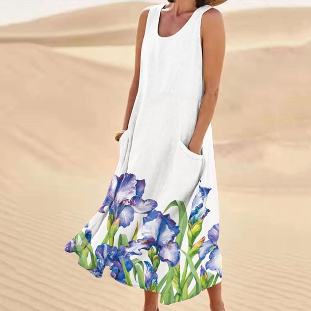 SMihono Robe Maxi Bohème d'Été pour Femmes Grande Taille Mode d'Été pour Femmes Décontractée Imprimée Sans Manches à Col Rond avec Poches Robe de Plage Décontractée Maxi Robe d'Été Robe d'Été Évasée de Plage