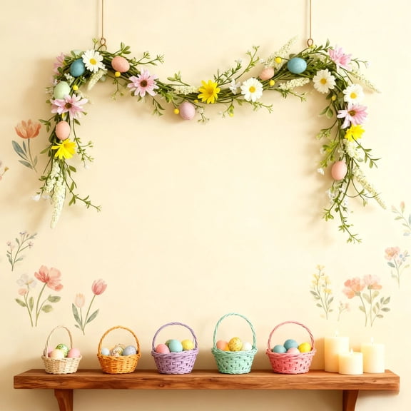 Nkmbld Easter Garland Decoration with Easter Eggs, Artificial Easter Egg Wreath Rattan Farmhouse Hanging Decor for Mantle Kitchen Fireplace Wall Window Decor