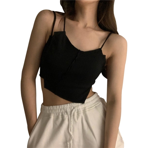 Txlixc Camisola de punto acanalado para mujer, correa de espagueti con dobladillo irregular Txlixc Sexy