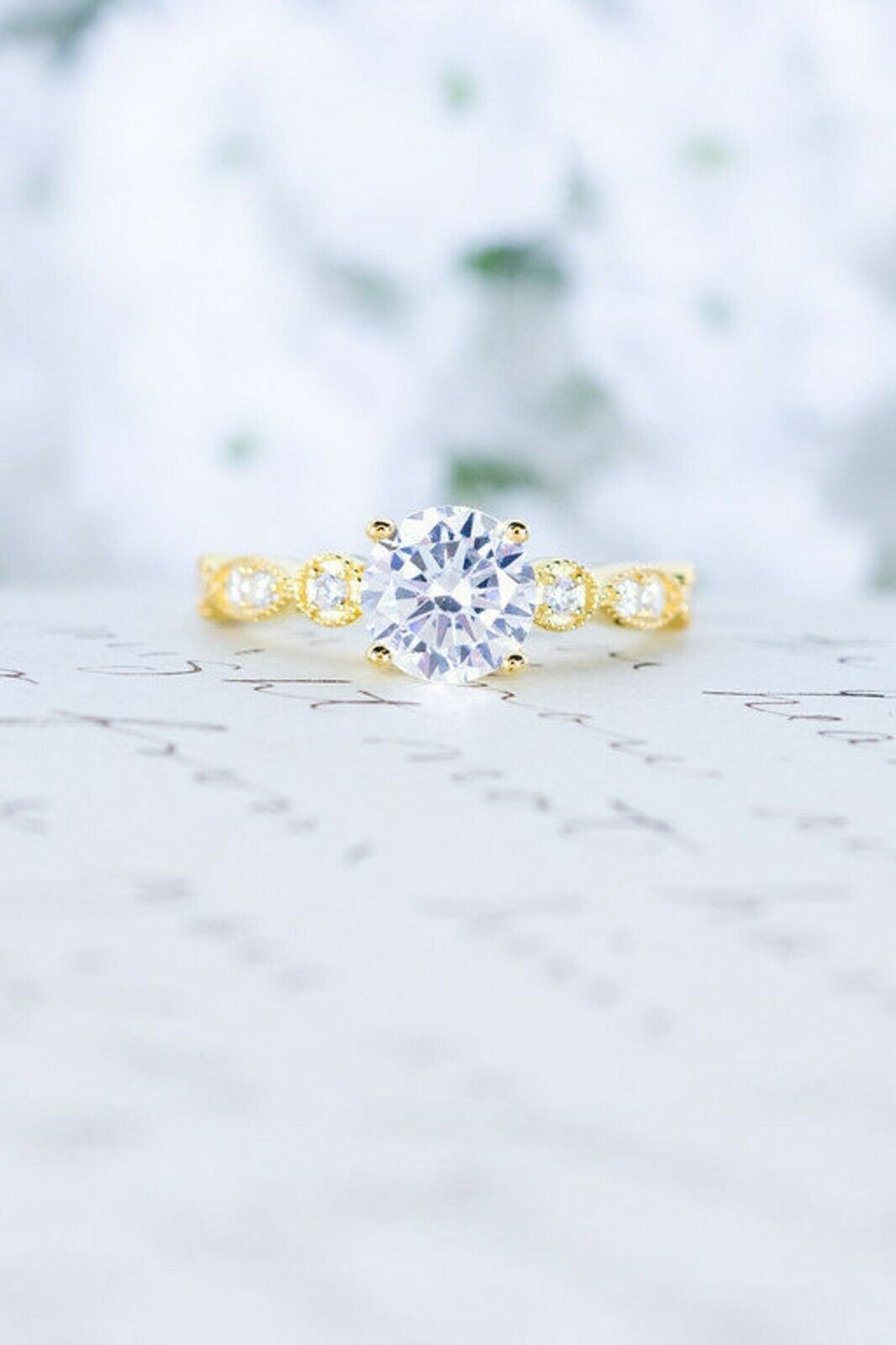 HeartsAndYou 1.55ct Round Cut Moissanite Engagement Ring for Women Milgrain Vintage Inspired 18k Yellow Gold Over Silver