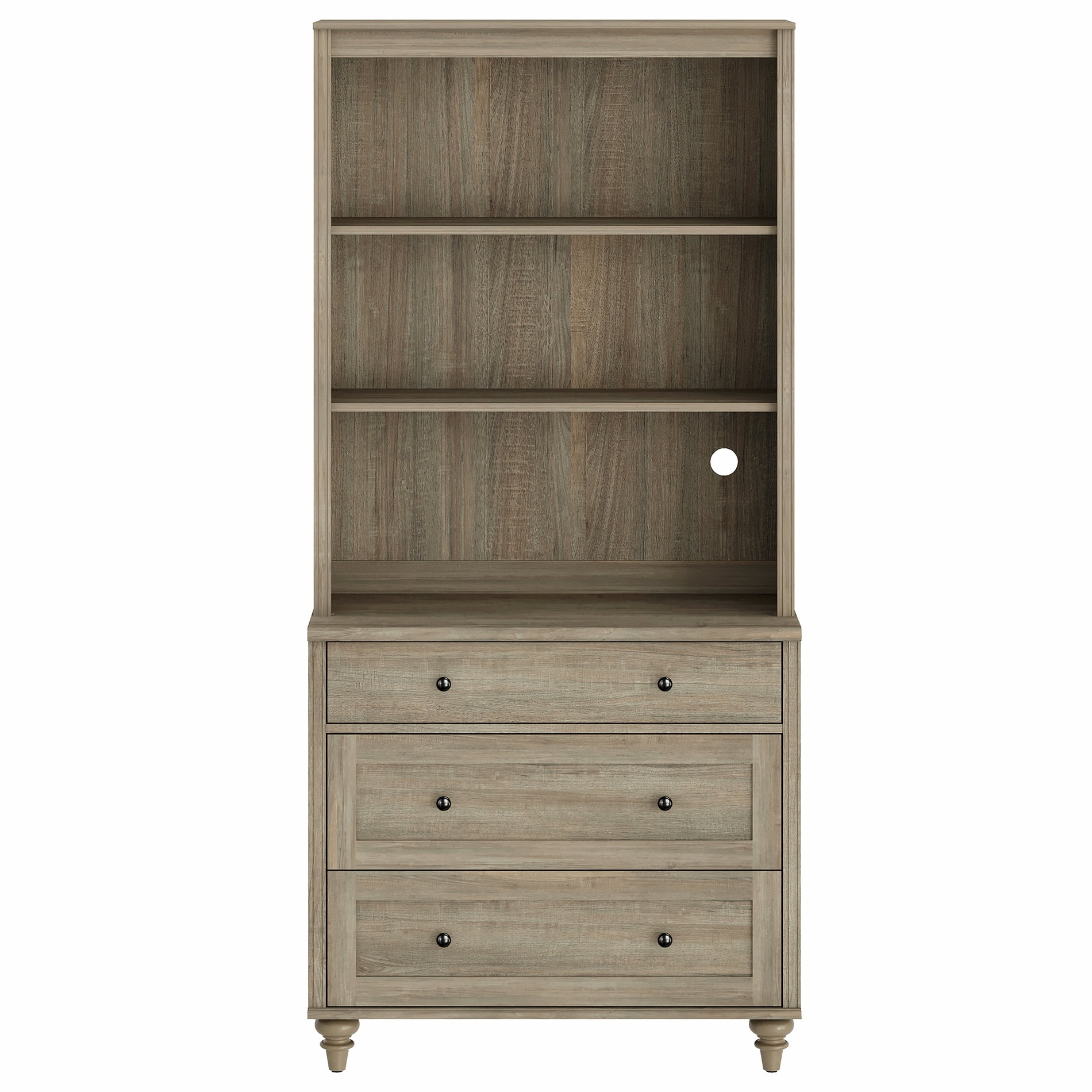 Farmhouse 5 Tier Bookcase With 3 Drawers, Wash Gray, 33.9" W