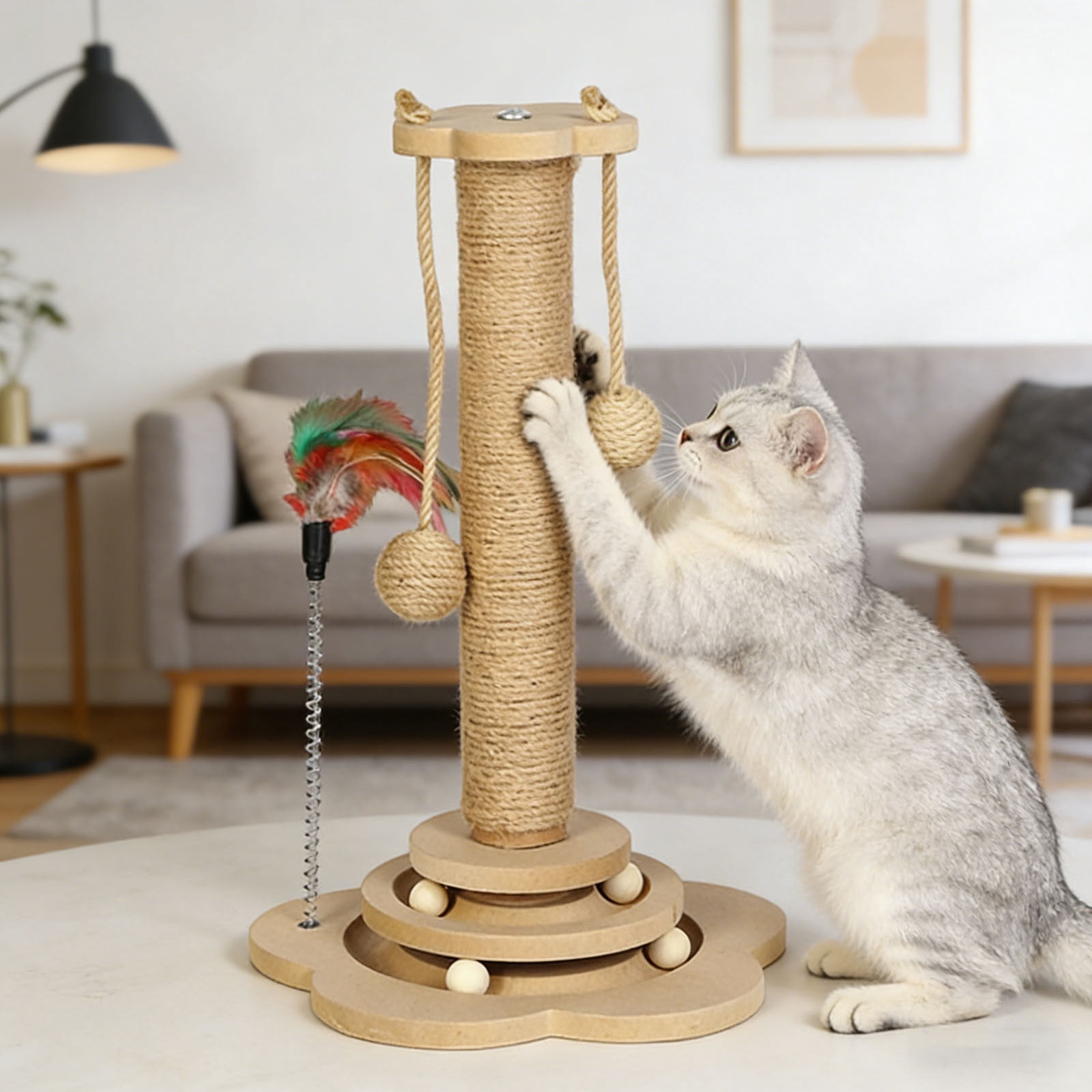 Natural Sisal Cat Scratching Post Sturdy For Indoor Cats With Interactive Play Platform And Toys Easy Assembly Space Saving Cat Play Post(Khaki-40X30Cm)