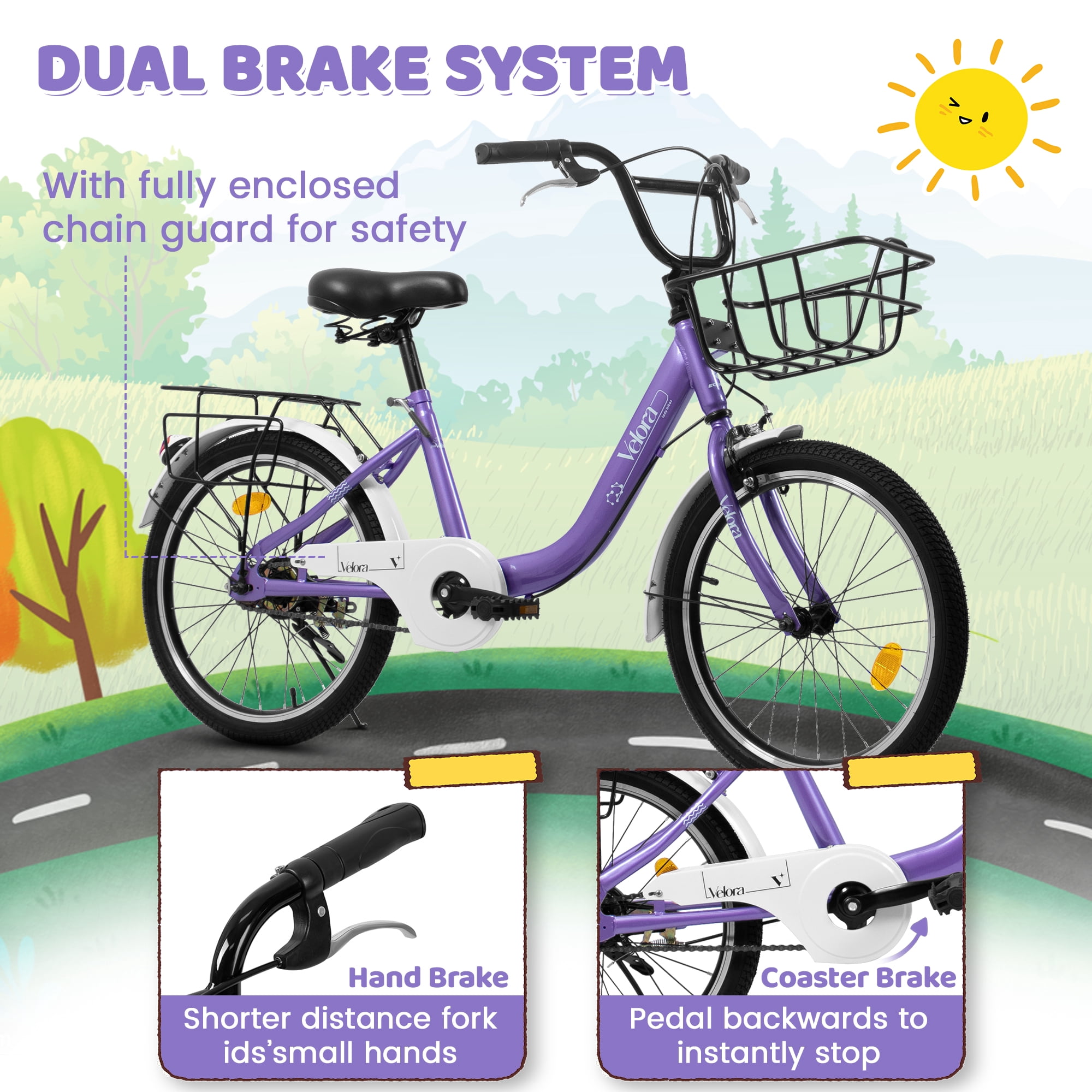 imerelez Kids Bike 20 Inch for Boys Girls Ages 6-12, Single-Speed with Dual V-Brake & Coaster Brakes, Lightweight Steel Frame, Multiple Colors (Pink/Green/Purple/White)
