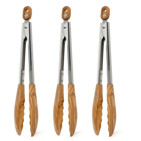 3Pcs Olive Wood Cooking Tongs with Wood Tips and Stainless Steel Handle Locking Kitchen Tongs Nonstick Wood Tongs Multifunctional Salad Tongs for Cooking Serving Grilling