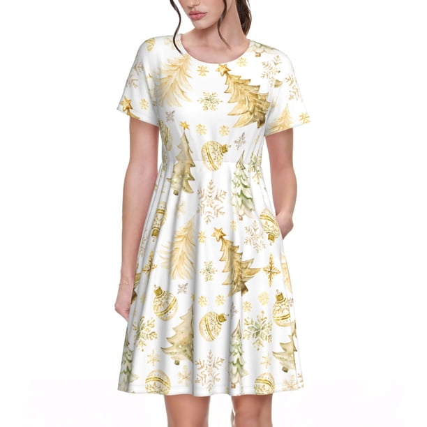 Disketp Gold Christmas Tree para Vestido de Manga Corta para Mujeres, Vestidos de Verano para Mujeres, Casual y Holgado para la Playa