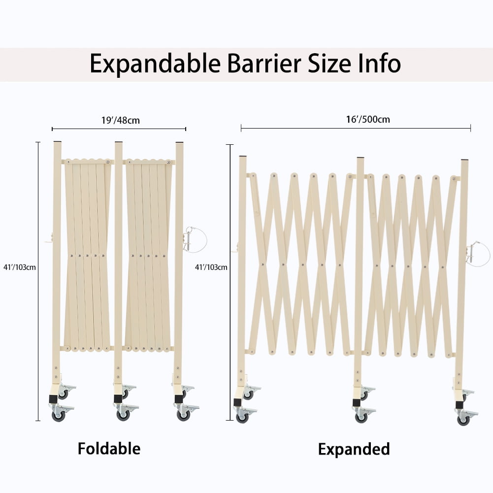 Easily Assembled Expandable Metal Barricade, 16 FT, Milkyellow, Folding Security Gate Safety Barrier with Casters, Flexible Mobile Barrier Gate