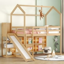 Euroco Wood Twin Size Loft Bed with Shelf and Slide, LED Light Strip and Bookcase for Kids Teens Adults, Wood