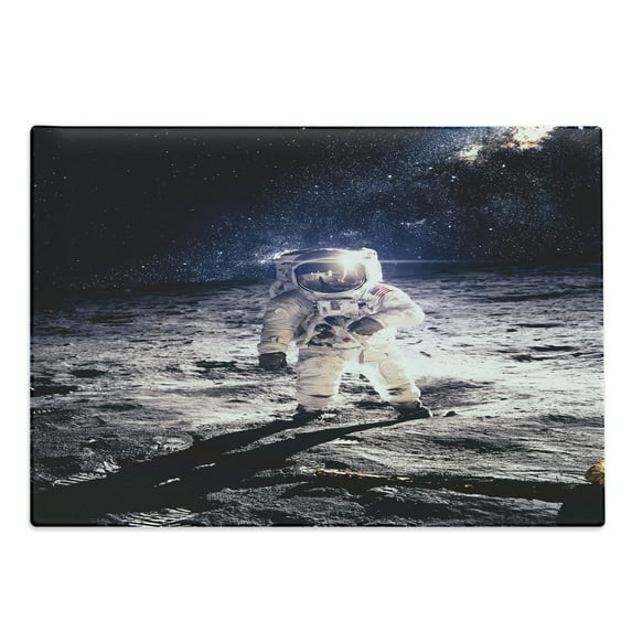 Space Cutting Board, Spaceman on Moon Surface Orbit Science Exploring Expanding Horizons Picture, Decorative Tempered Glass Cutting and Serving Board, Large Size, Dark Blue and White, by Ambesonne