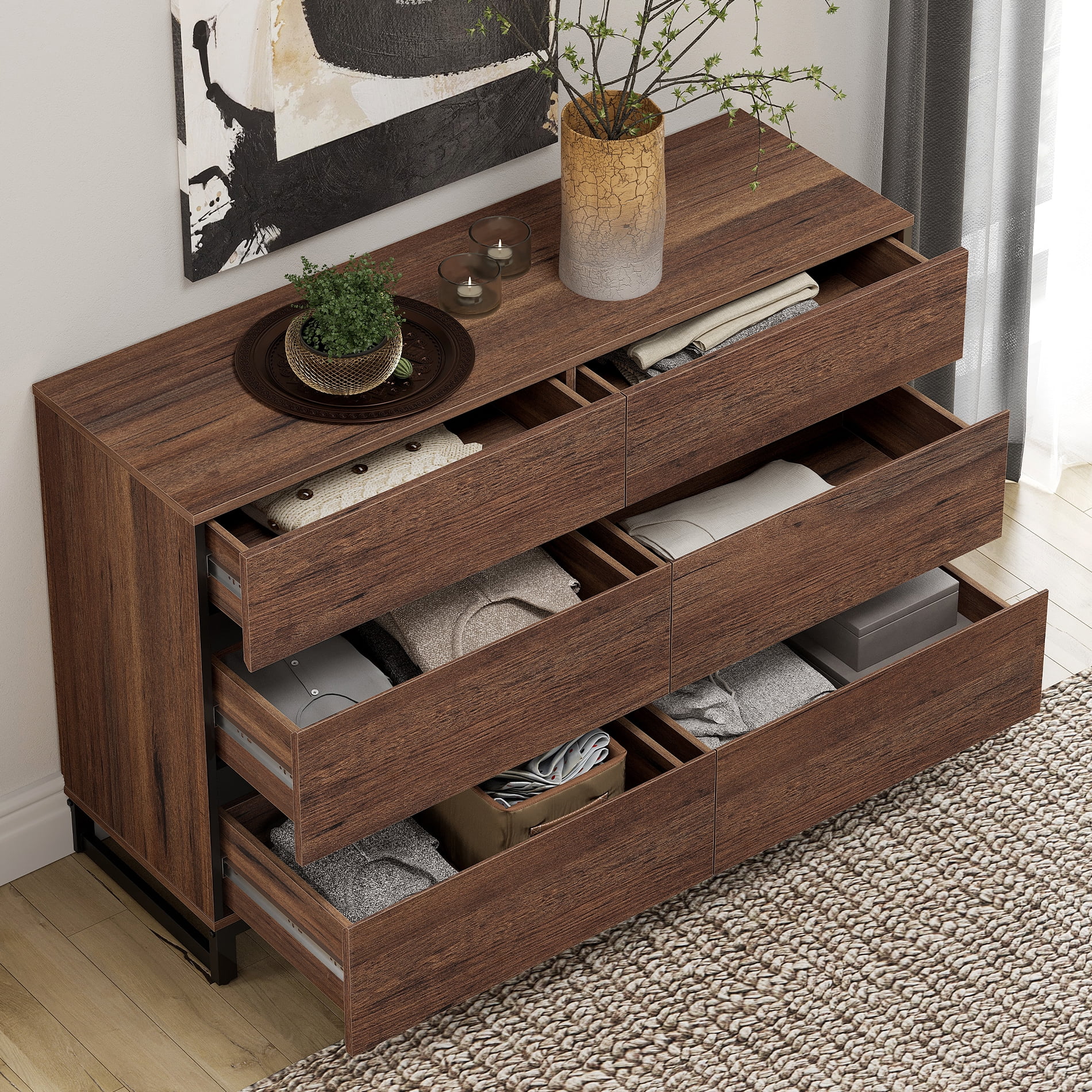 Modern 12 Drawers Storage Dresser with Adjustable Shelf and Metal Base, 3 In 1 Household Chest of Drawers, Closet Organizer Cabinet for Bedroom,Brown