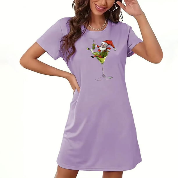 Camisón corto navideño para mujer, talla grande, cuello redondo, manga corta, estampado en el pecho, vestido de noche para mujer