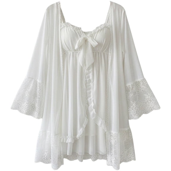 Women's Robes for Bridesmaids 2 Pack Nighties and Dressing Gown Pyjama Set Lace Bow Nightdresses with Robe V-neck Sexy Sleepwear