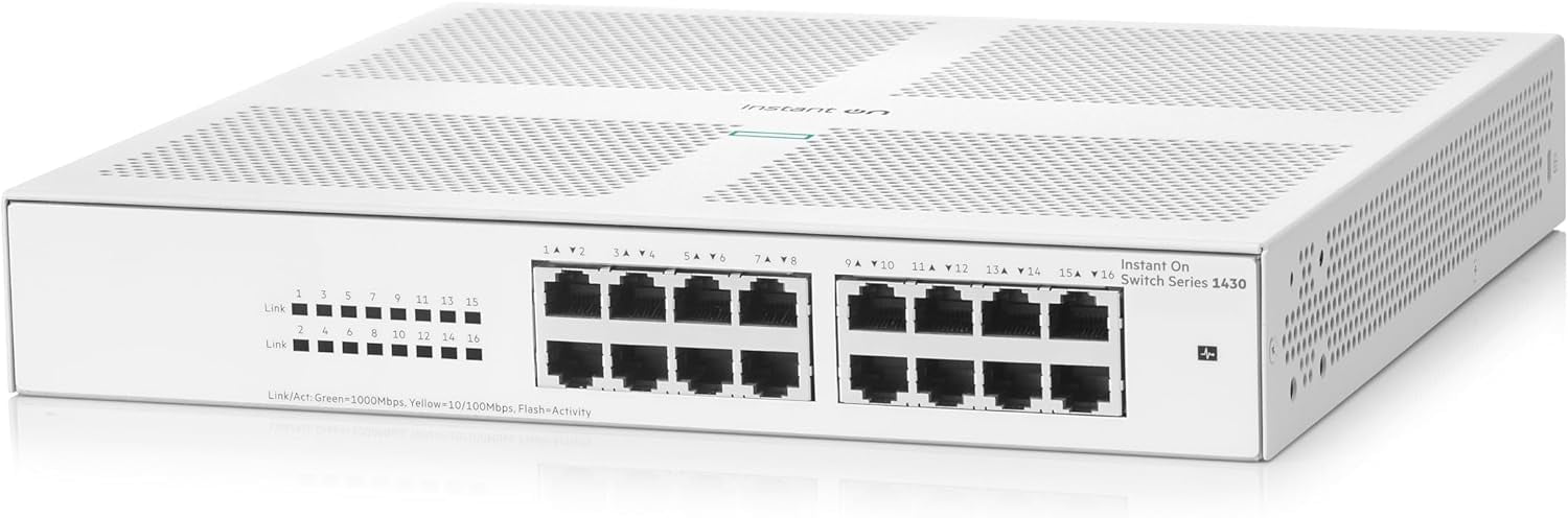 Restored Aruba R8R47A Instant On 1430 16-Port Gigabit Unmanaged Switch – High-Speed Ethernet Networking, Plug-and-Play (Refurbished)