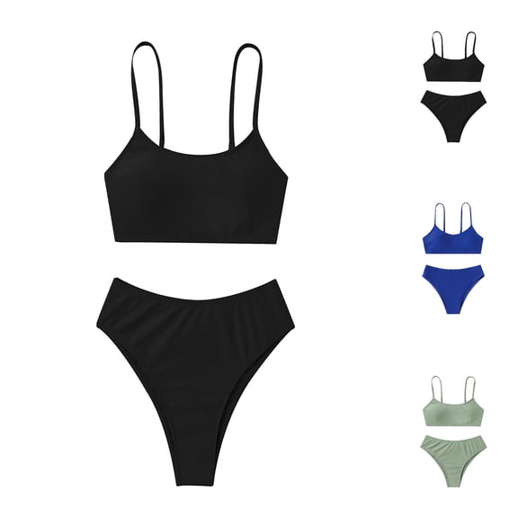 XinghaiYIDE Girls Two Piece Swimsuit,Sporty Thin Strap Bikini Bathing Suit,High Waist Solid Swimwear Set for Kids,Teens & Preteens,Sizes 8Y-14Y Black