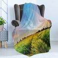 thumbnail image 4 of Rustic Soft Flannel Fleece Blanket, Rainbow in Sky over Wheat Field at Sunset Natural Paradise Rural Life Illustration, Cozy Plush for Indoor and Outdoor Use, 50" x 70", Green Yellow, by Ambesonne, 4 of 5
