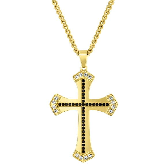 Men's Stainless Steel Yellow-tone Cross Pendant with Black and White Crystals- Believe by Brilliance