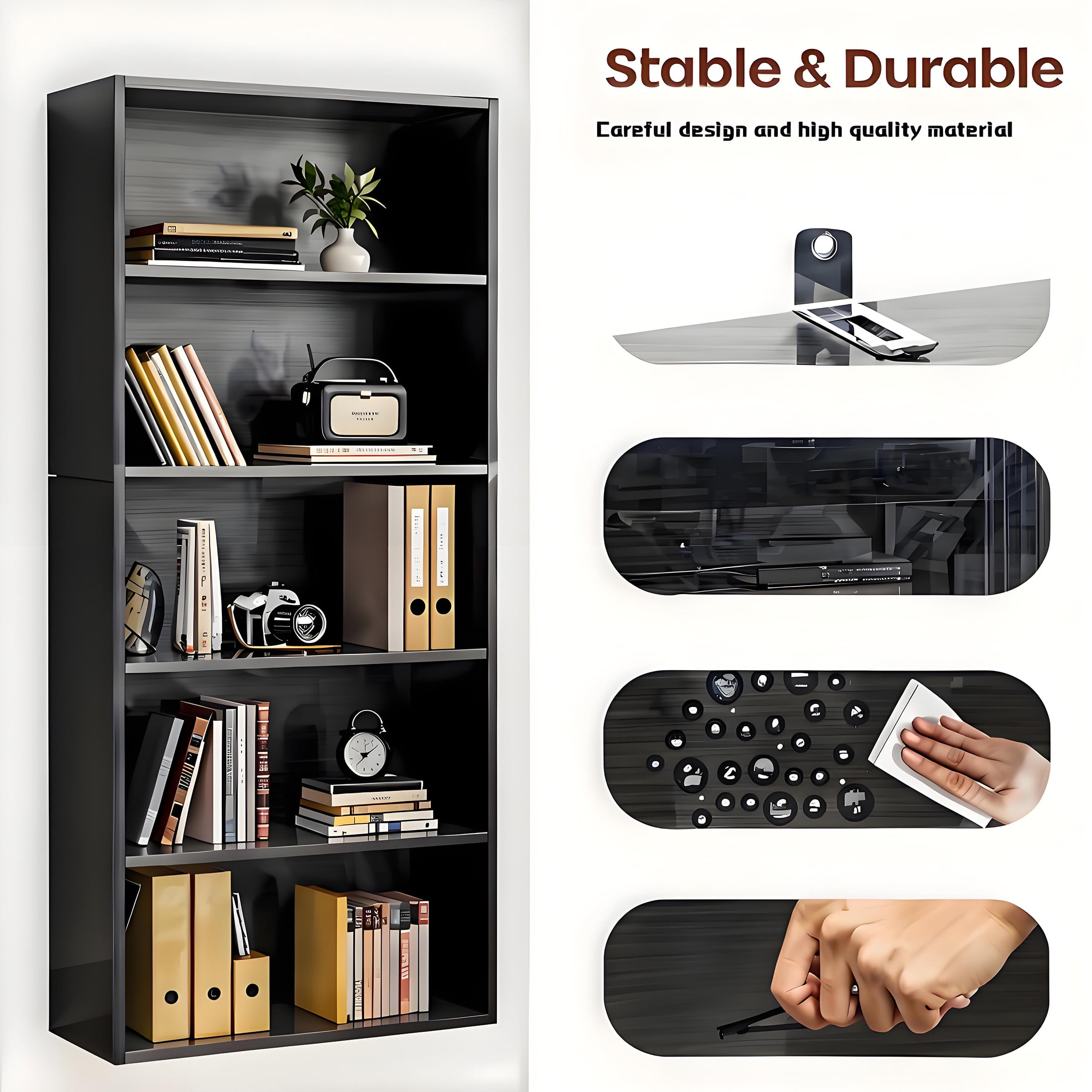 CONCETTA 5 Shelf Bookcase, 53 Inch Tall Floor Standing Open Bookshelf for Home Office and Living Room, Black