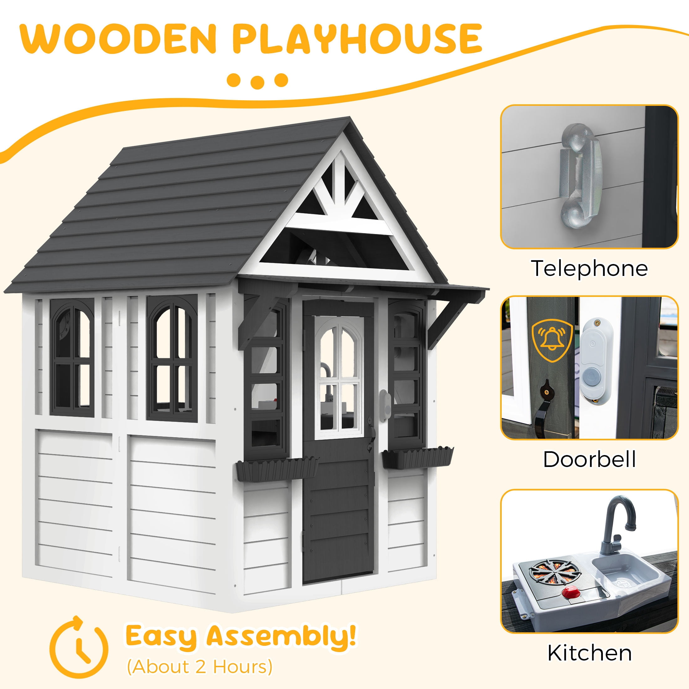 COCLUB Outdoor Playhouse for Kids Ages 4-8, Wooden Play House with Doorbell, Phone, Kitchen Toys, Outdoor Kids Play Equipment, Casa Para Niñas (45”L x 65”H), White & Black