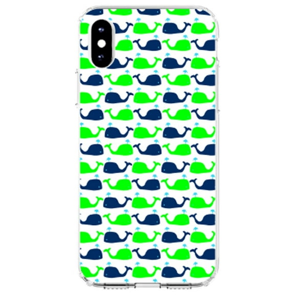 DistinctInk Clear Shockproof Hybrid Case for iPhone X / XS (5.8" Screen) - TPU Bumper, Acrylic Back, Tempered Glass Screen Protector - Green Navy Cartoon Whales - Cartoon Whales