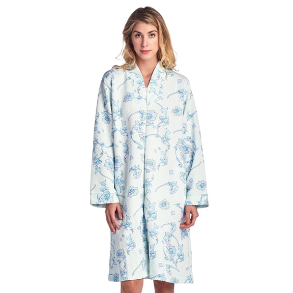 Casual Nights Women's Quilted Zip Up Robe With Pockets, Long Sleeve House Coat Duster, Poly-Cotton Blend Sleepwear, Blue/Green Floral - Short Large