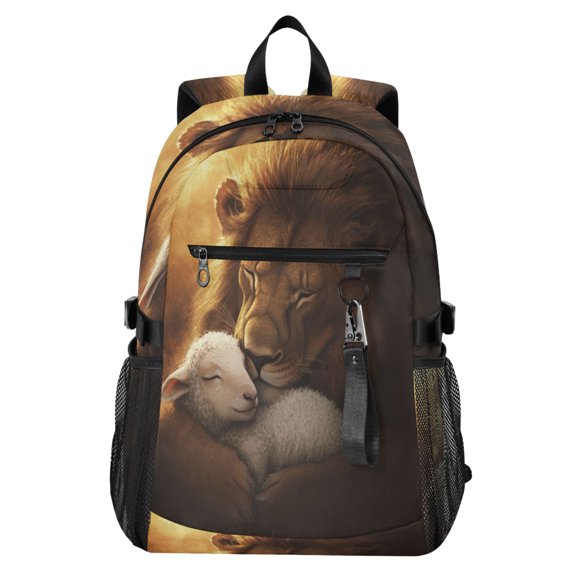 Full‑Print Casual Laptop Backpack, 20L Water‑Resistant Twill Tote Daypack with 14 Inch Computer Compartment for School Business Travel Cute Lion Sheep