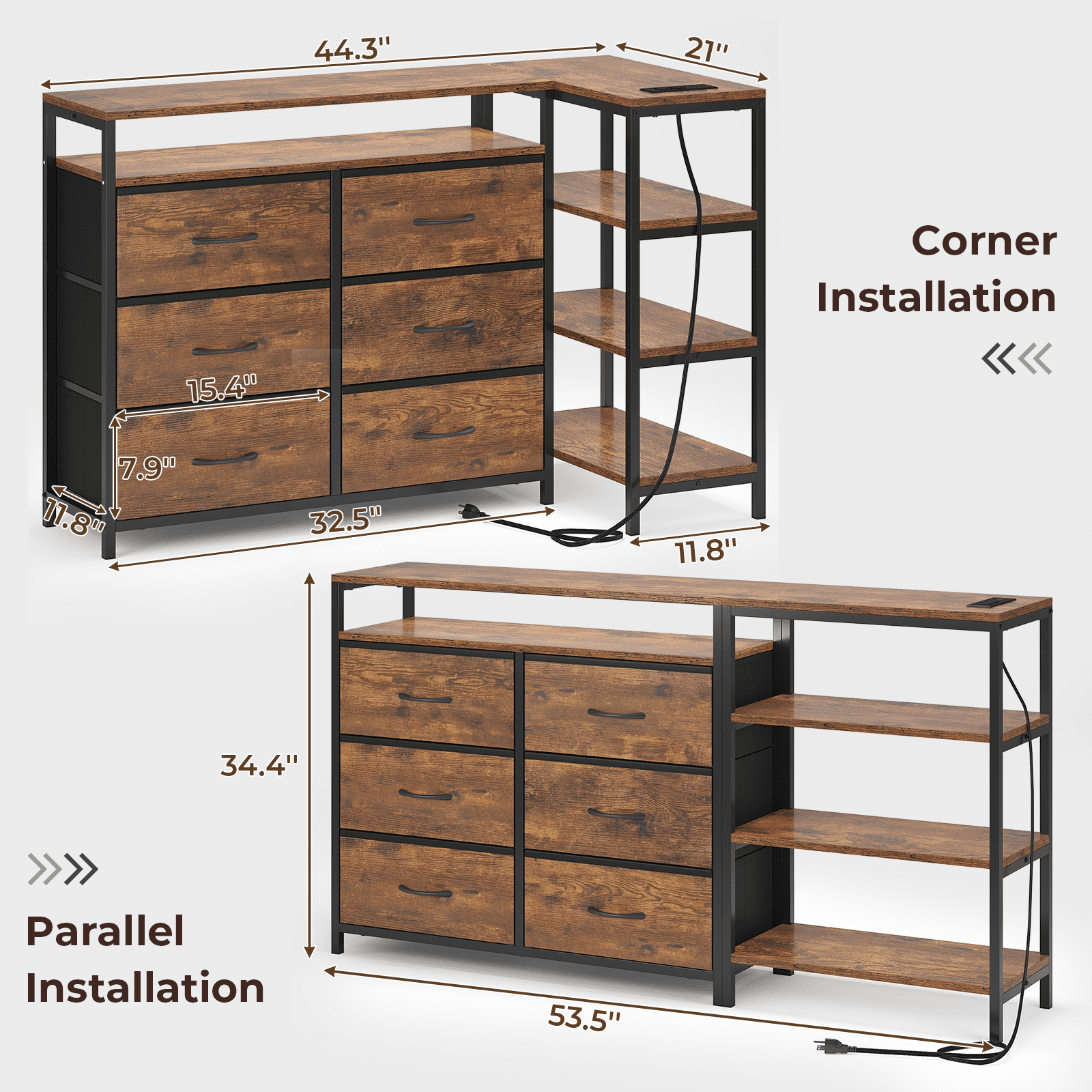 TV Stand Dresser with Charging Station and LED Lights, for 60 Inch TV, Changable L Shape TV Console with Open Shelf, 53.5 Inches Wide Brown Dresser for Bedroom