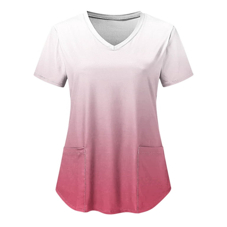 JWZUY Womens Loose Fit Ombre Top and Scrub Tops Professional Nursing  Uniform Workwear Professional Tunic Tees V Neck Short Sleeve Shirts Pink S  