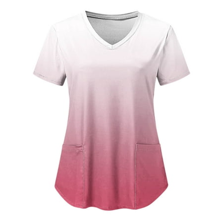

CZHJS Gradient Color Ombre Short Sleeve Tees Casual Elegant Dressy Women T-Shirts Scrubs_Tops Nursing Shirts Working Wear Uniforms Shirt Summer Tunic V-Neck Tops Loose Fitting Pink XXL