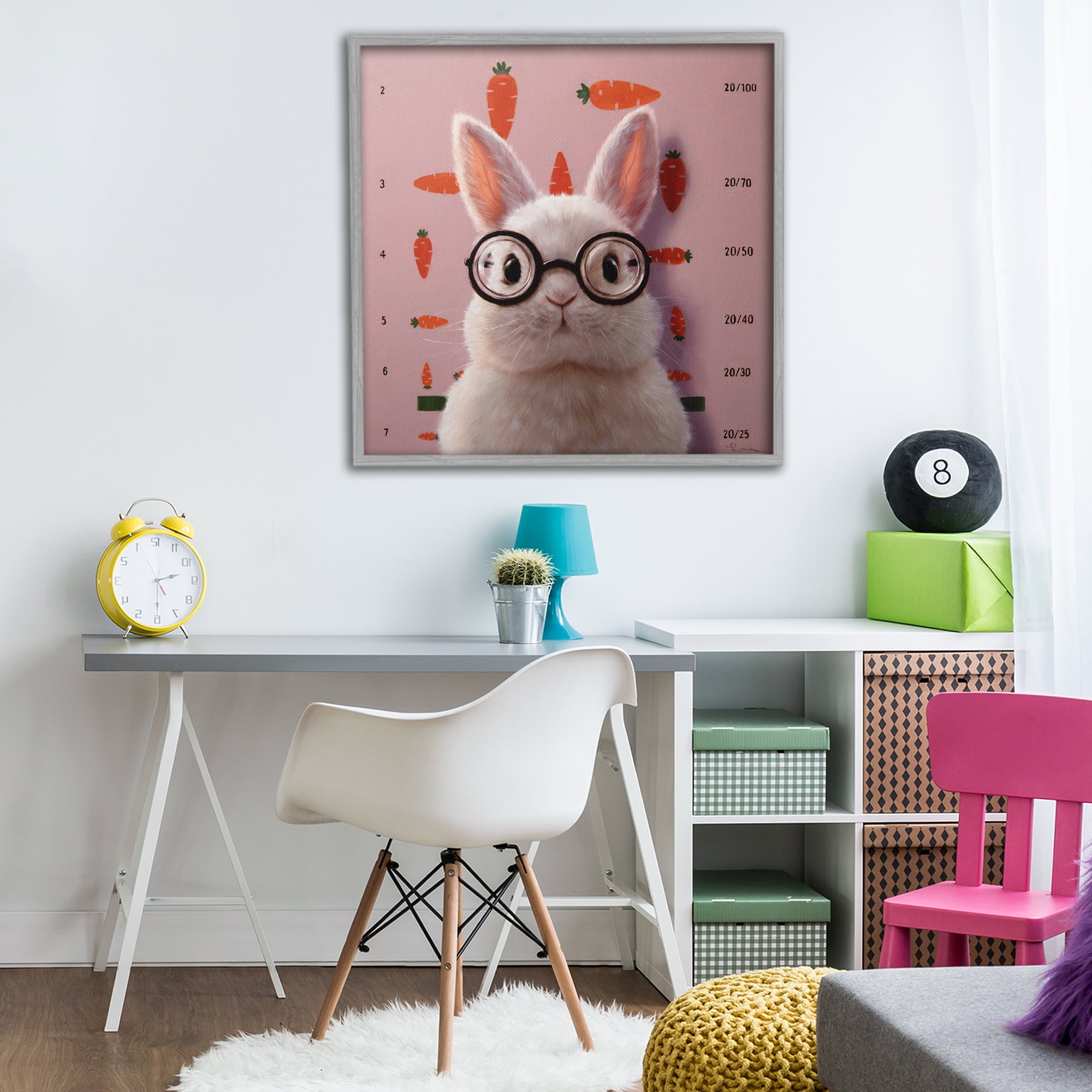 Bunny & Carrots Eye Exam Gray Framed Giclee Art, design by Lucia Heffernan