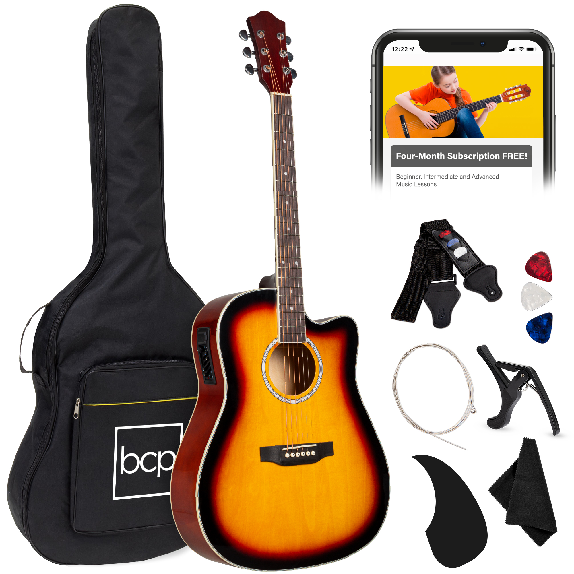 Best Choice Products Beginner Acoustic Electric Guitar Starter Set 41in w/ All Wood Cutaway Design, Case -  Sunburst