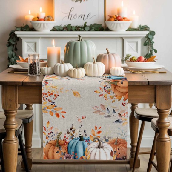 Fall Pumpkins Table Runner, Autumn Thanksgiving Kitchen Dining Table Decoration for Home Party Decor 13x48 Inches