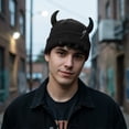 thumbnail image 6 of Unisex Knitted Beanie Hat, Devil Horns Knitted Hat, Halloween Distressed Skull Cap Funny Hip Hop Hat Windproof Warm Winter Yarn Hat For Men Women (Black), 6 of 7