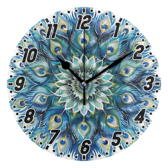 Peacock Feathers Mandala Round Wall Clock Battery Operated Silent Non-Ticking Bedroom Office Kitchen Home School Decor 10"(Black)