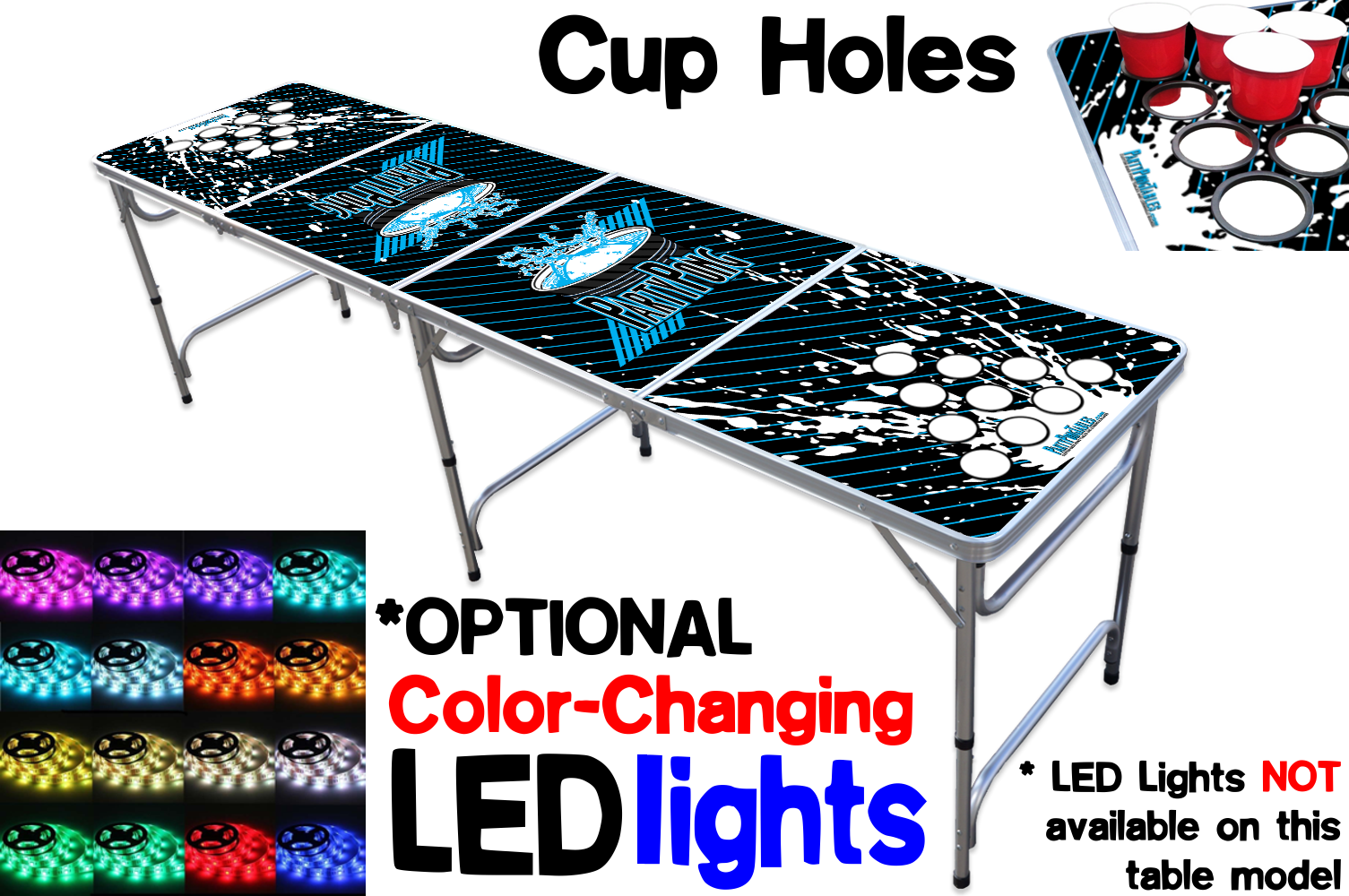 PartyPongTables.com 8-Foot Professional Beer Pong Table w/Optional Cup Holes & LED Lights Choose Your Table Model Top Pong Edition