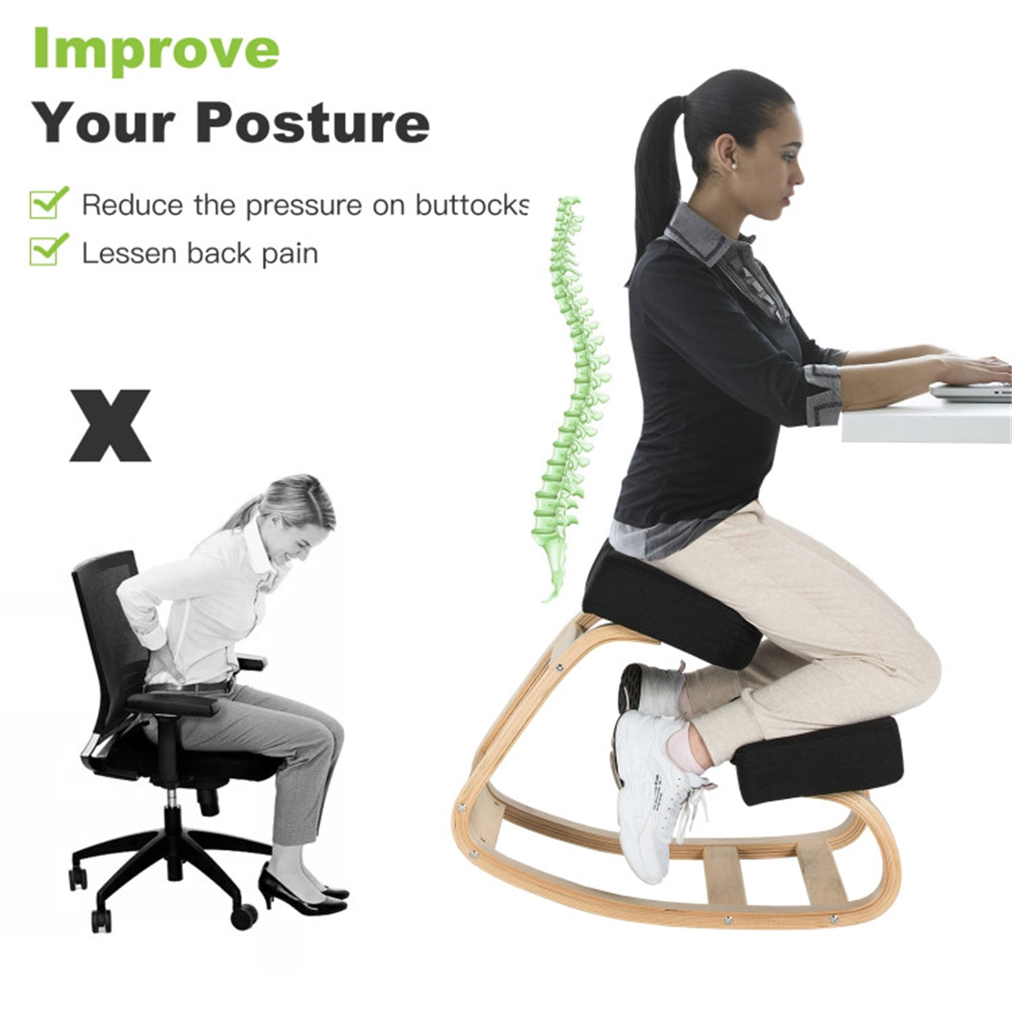 Demi Bonn Ergonomic Kneeling Chair Rocking Office Desk Stool Upright Posture for Home, Bedroom, Study, Black