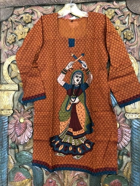 Mogul Womens Orange Cotton Long Tunic Beautiful Ethnic Print Long Sleeves Summer Dress S