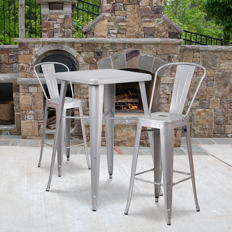 Commercial 23.75SQ Silver Metal Indoor-Outdoor Bar Table Set-2 Stools