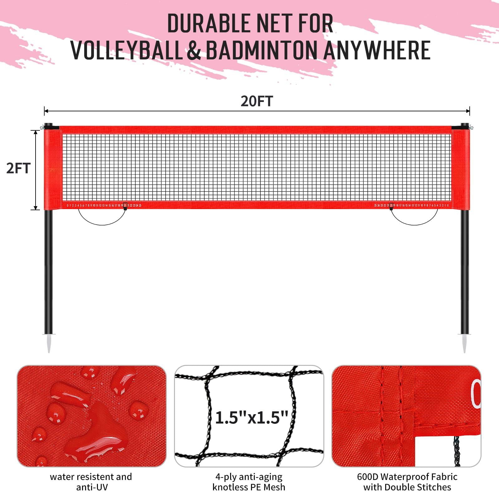 20ft Outdoor Volleyball & Badminton Combo Net Set For Backyard Beach With Adjustable Poles  Durable Anti-sag Pu 2 Aluminum Rackets