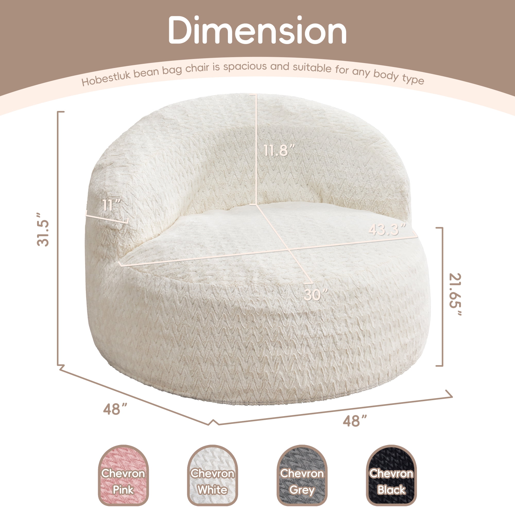 Hobestluk 4FT Bean Bag Chair for Adults with Memory Foam Filler Giant Beanbag with Faux Fur Cover for Bedroom (Chevron White,Oversize)