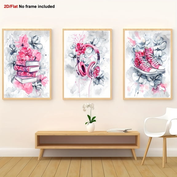 [2D Flat] 3pcs, Fun Canvas Wall Decor, Teen Girl Bedroom Decoration, Three-Piece Set of College Style Wall Art, Headphone Art, Teen Girl Art Decoration, 2D Flat, Perfect for Room Decor, Teen Wall Ar