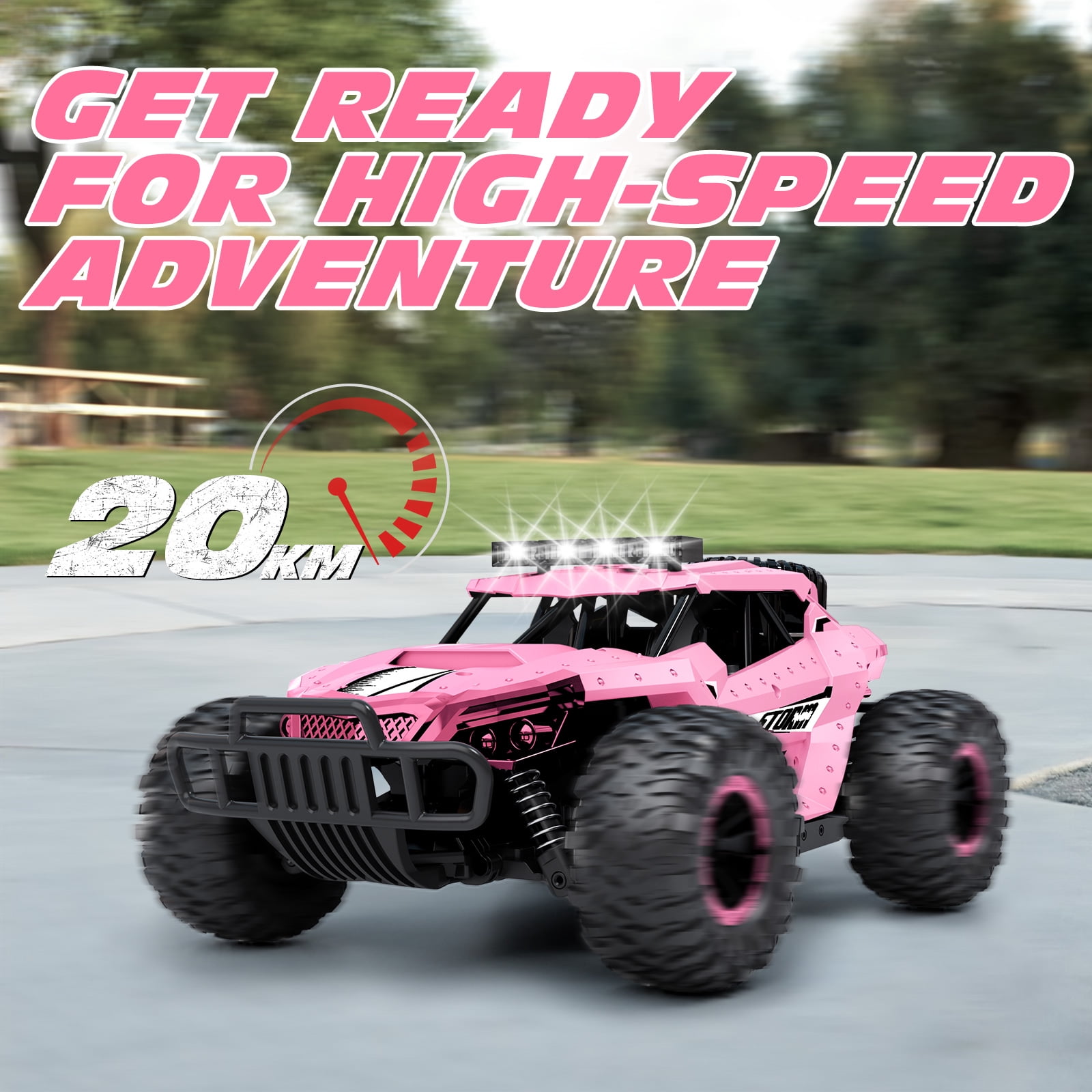 Tecnock Pink RC Car 1/16 Scale Remote Control Car for Girls, High Speed 20+ KM/H All Terrains Rc Monster Truck with Two Rechargeable Batteries & Head Chassis Lights Gift Toy for Kids Adults