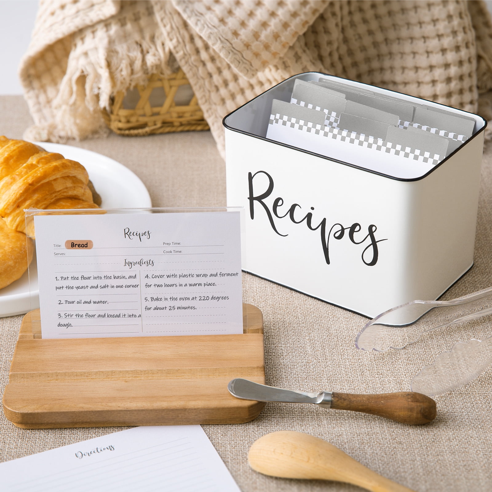 Deppon Recipe Box with Cards and Dividers, White Metal Vintage Farmhouse Design Recipe Box