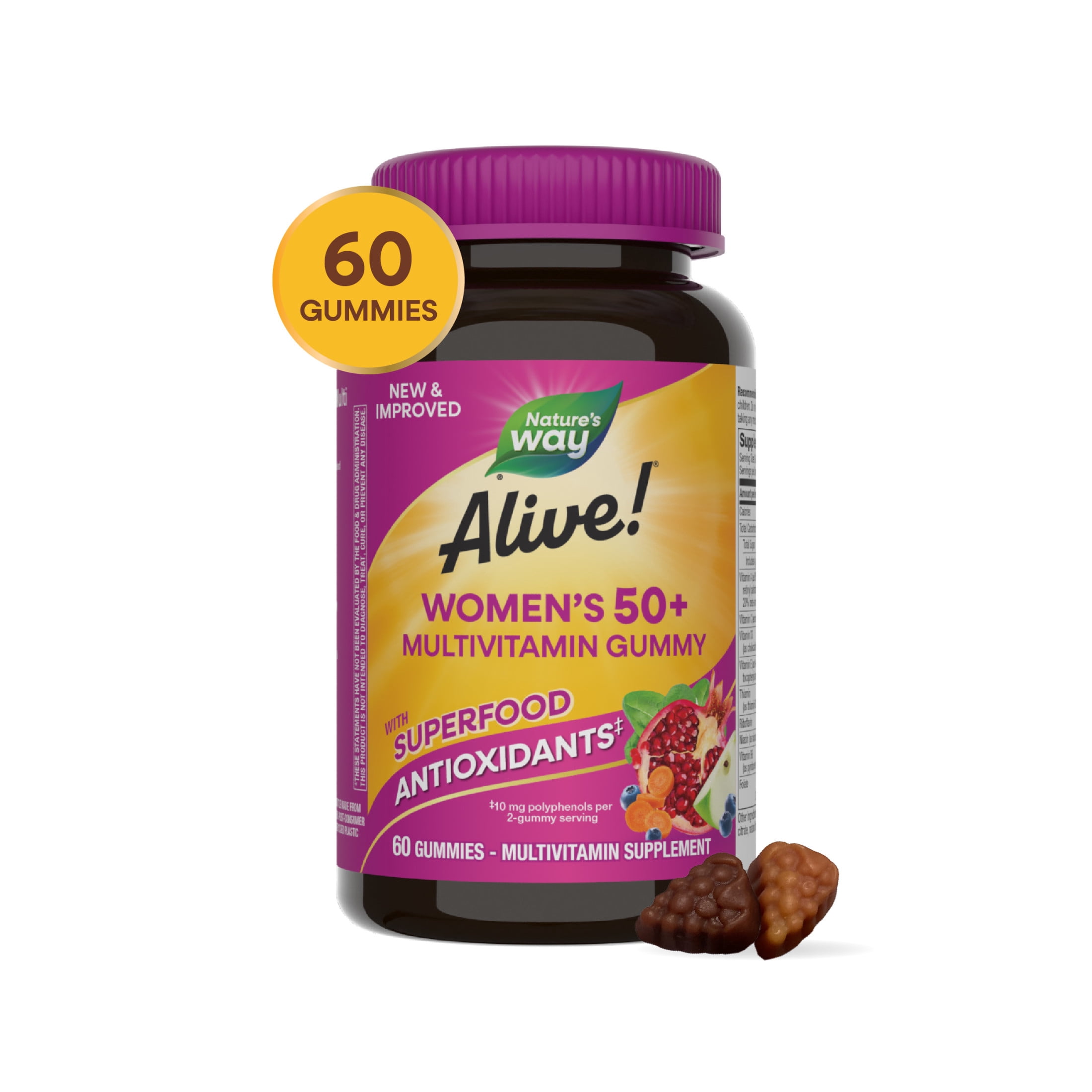 Nature's Way Alive! Women's 50+ Gummy Multivitamin, B-Vitamins, Mixed Berry Flavored, 60 Count